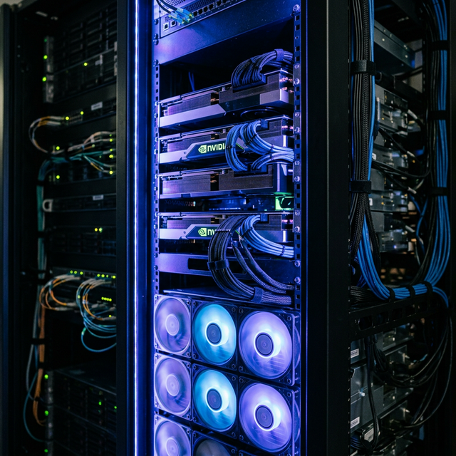 GPU server cluster with blue lighting